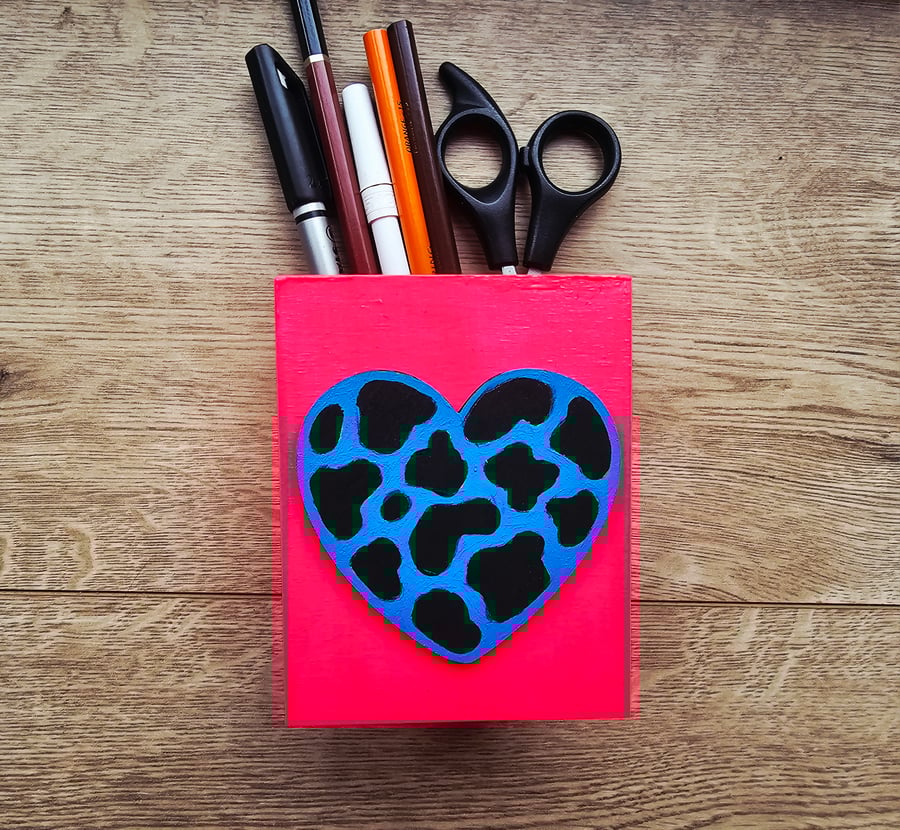 Cow Print Heart Wood Desk Tidy Pen Pot Handmade Hand painted Gorgeous