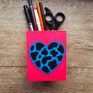 Cow Print Heart Wood Desk Tidy Pen Pot Handmade Hand painted Gorgeous