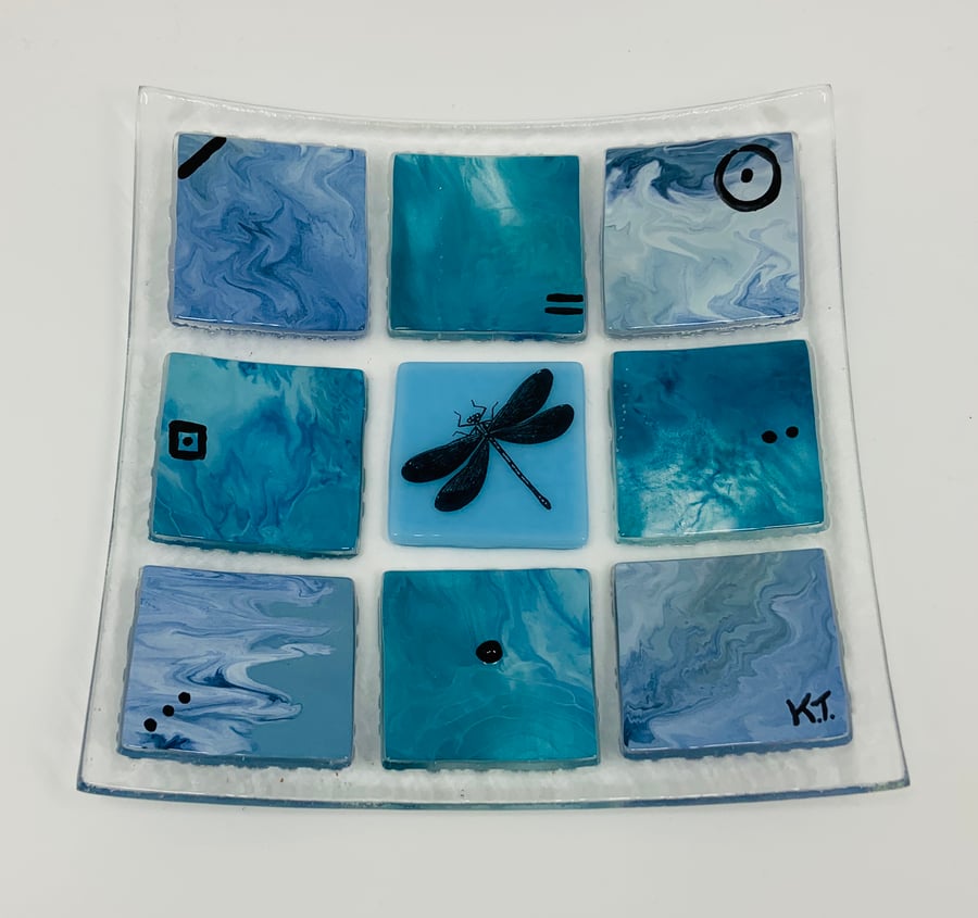 Beautiful Blue And Turquoise Fused Glass dish. Hand painted and embellished