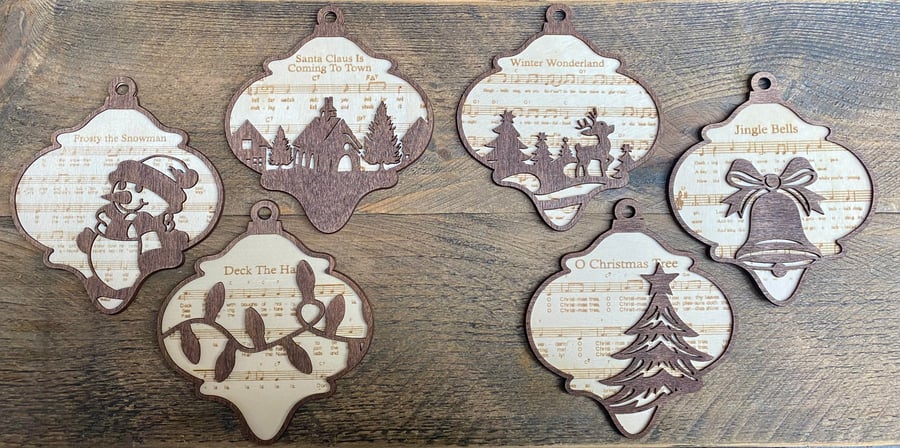 Set of 6 Christmas song themed decorations 