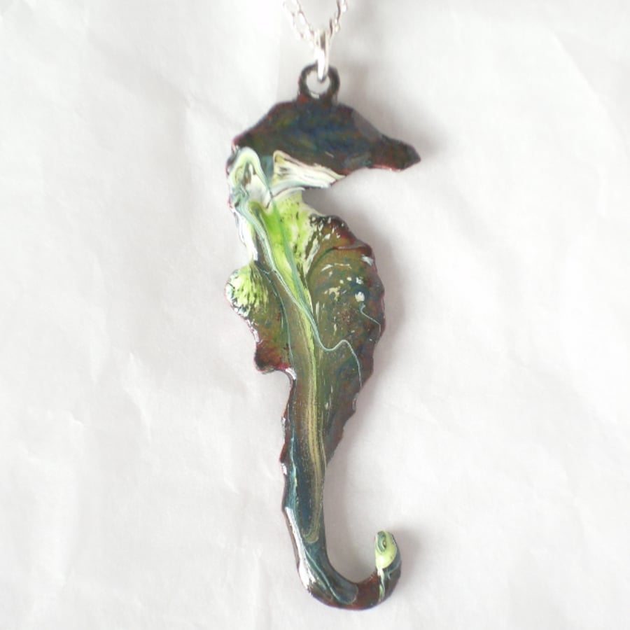 seahorse pendant - scrolled white and green on blue-grey over clear enamel