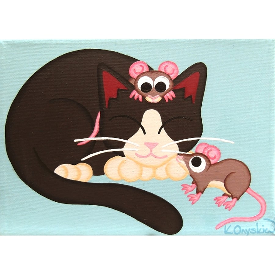 Sleeping Cat and Mice Small Painting