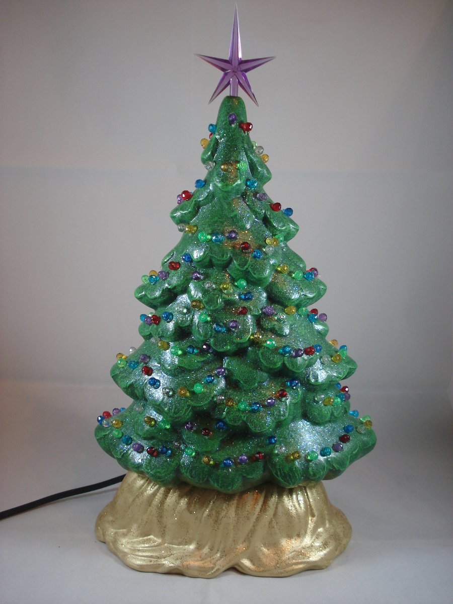Small Ceramic Green Xmas Christmas Tree Table Lamp Light Ornament Decoration.