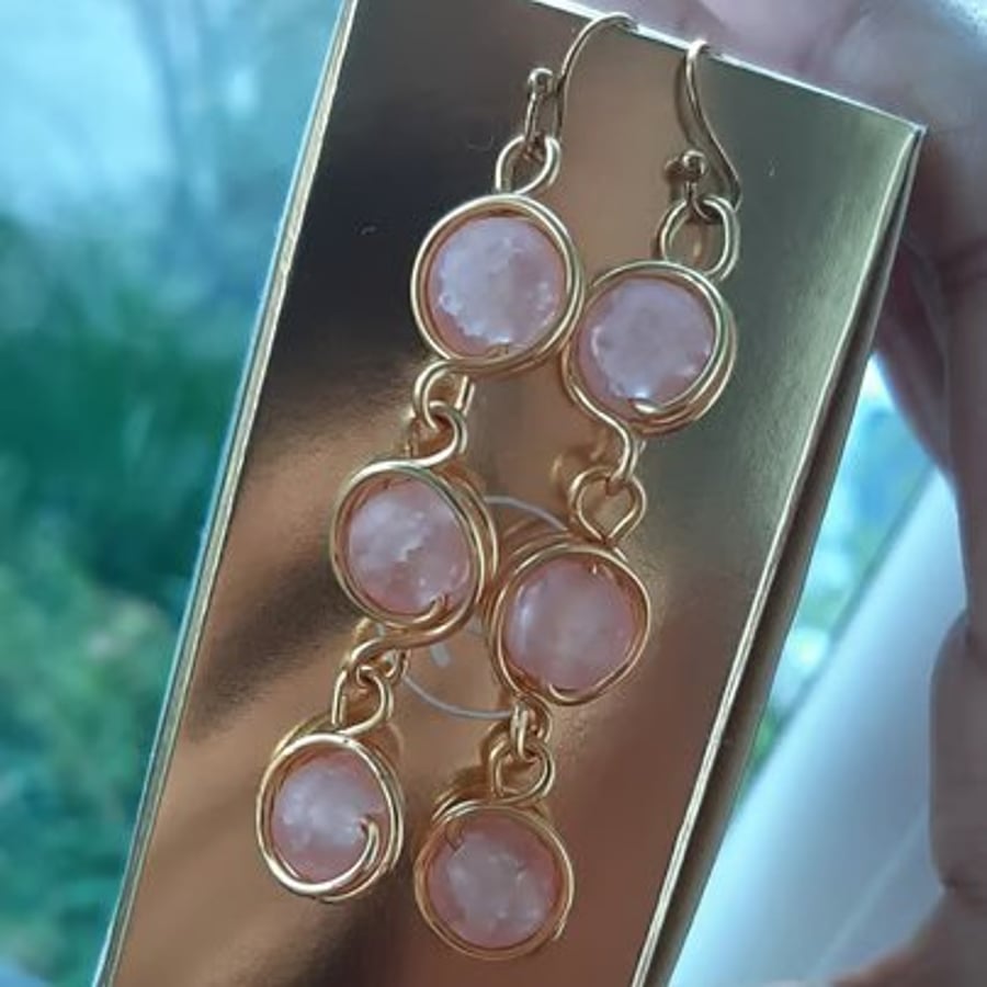 Handmade Pink Wire Wrapped Drop Earrings Gold  Round Beaded Dangle Earring 
