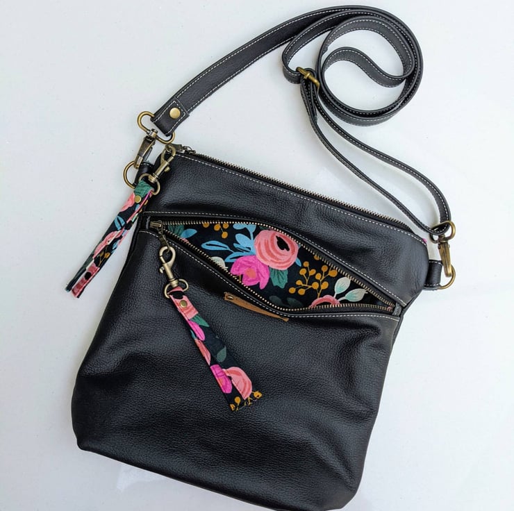 Black leather crossbody with pretty floral lining Folksy