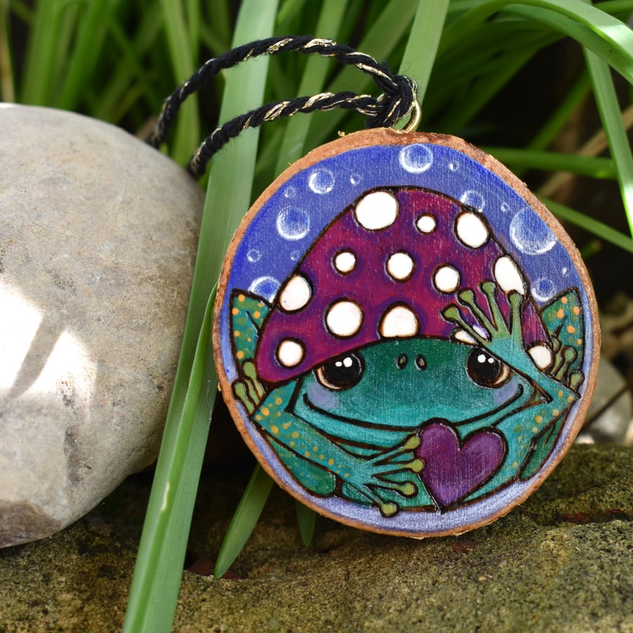 Frog in a Mushroom Hat. Pyrography wood slice decoration
