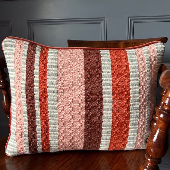 Patsy Cushion: Rust, Crocosmia & Tea Rose. Handwoven in Wales