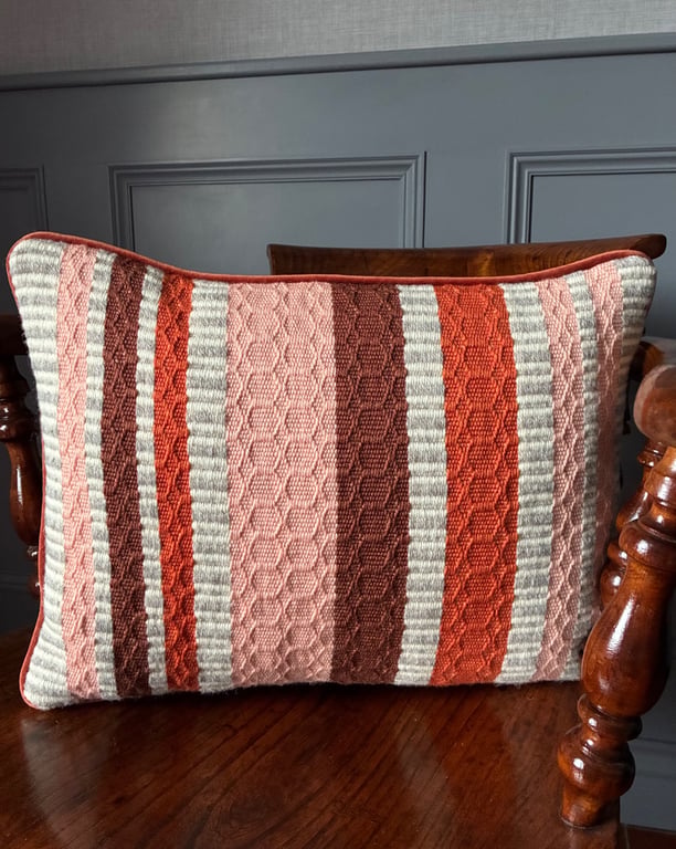 Patsy Cushion: Rust, Crocosmia & Tea Rose. Handwoven in Wales