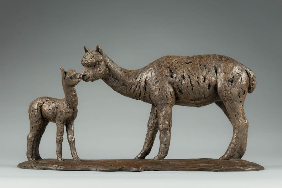 Mother Alpaca and Baby Cria Statue Small  Bronze Resin Sculpture