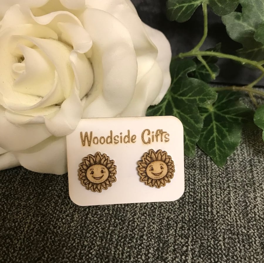 Sunflower earrings, laser engraved stud earrings