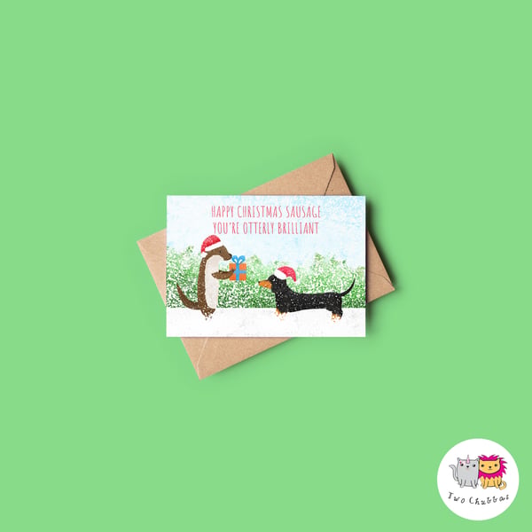 Otter and Dachshund Christmas Card, A6 Christmas Card