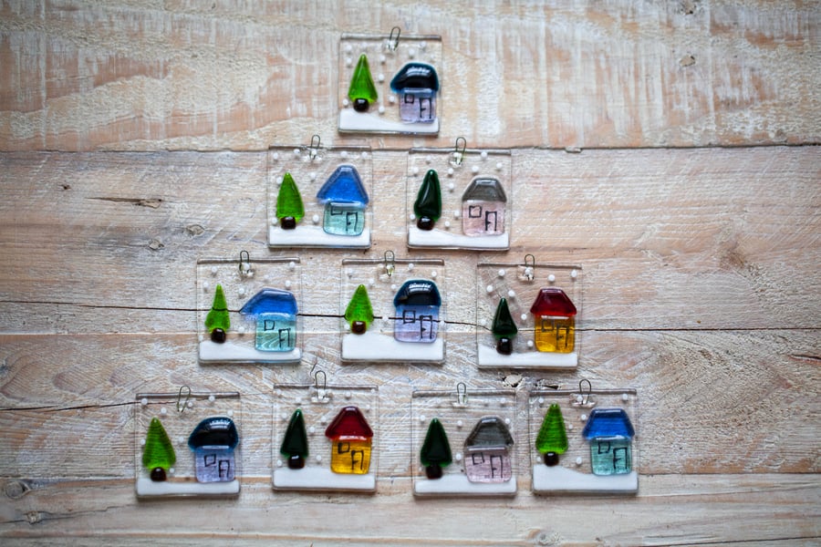 Fused glass handmade colourful Christmas decoration Little house and tree