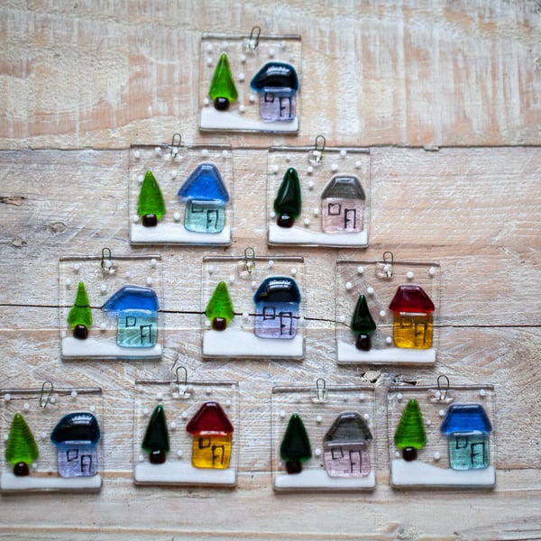 Fused glass handmade colourful Christmas decoration Little house and tree