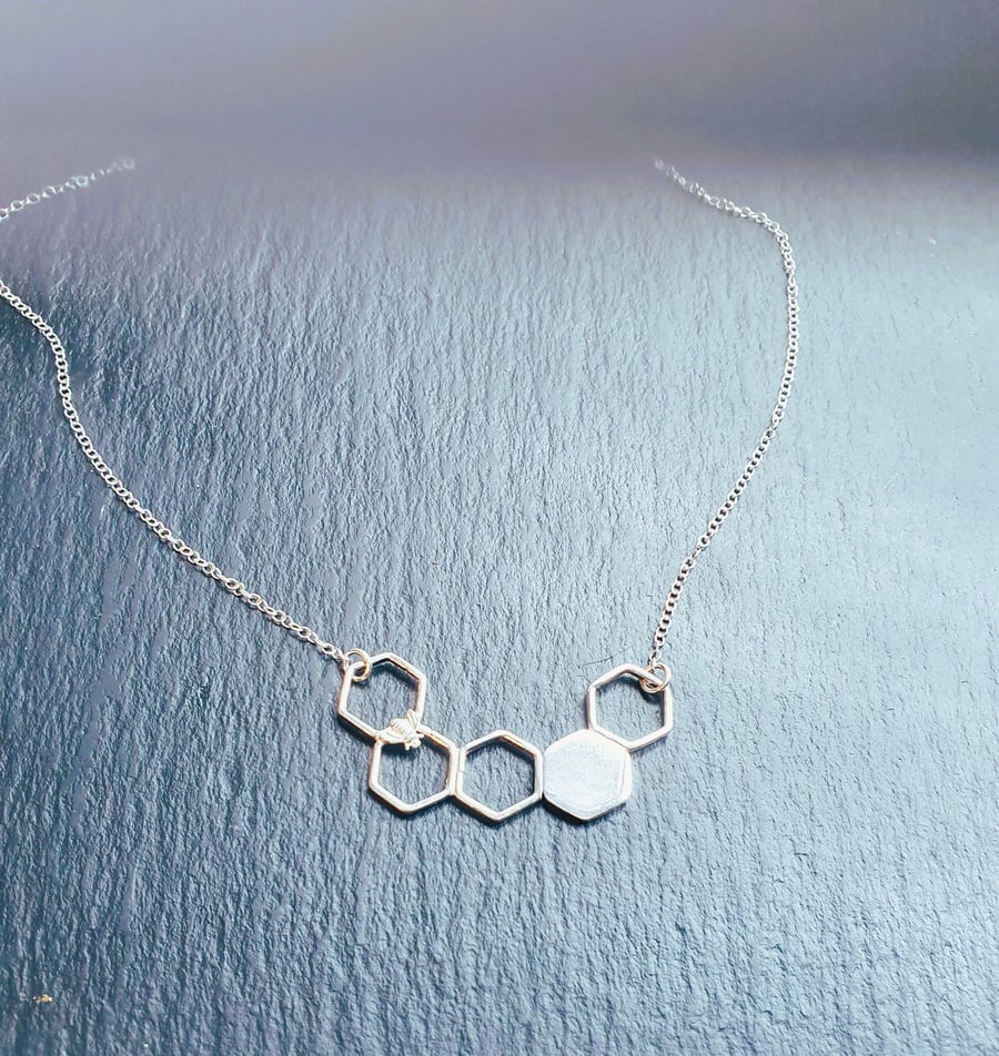 Sterling Silver Honeycomb Necklace with Bee