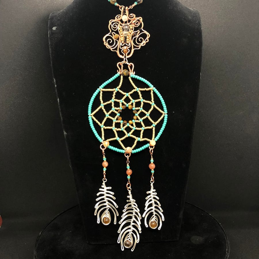 Wolf Dreamcatcher Necklace with Tiger's Eye and Moonstone