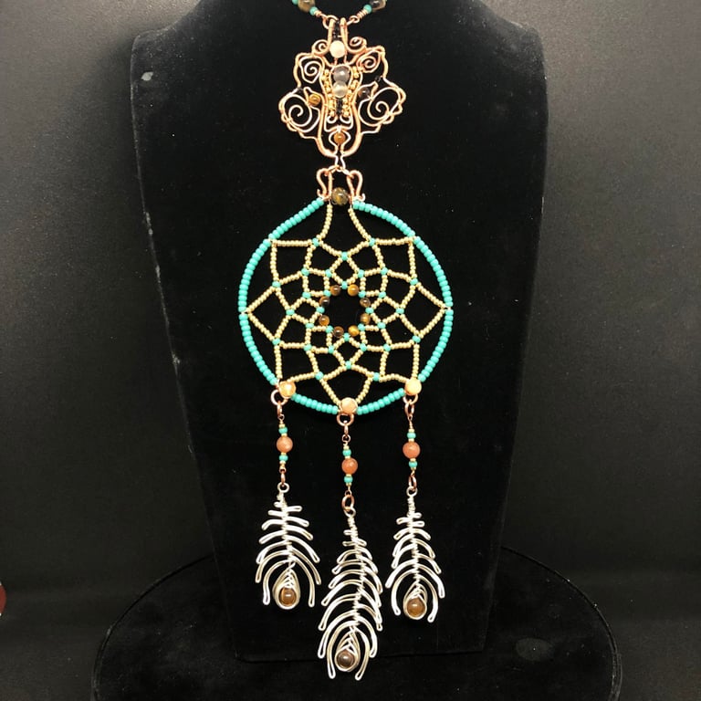 Wolf Dreamcatcher Necklace with Tiger's Eye and Moonstone