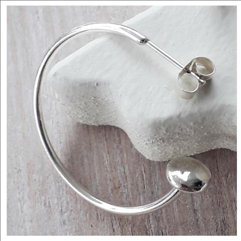hoop earrings with disc bead finish , 3 cm Solid Sterling Silver 925