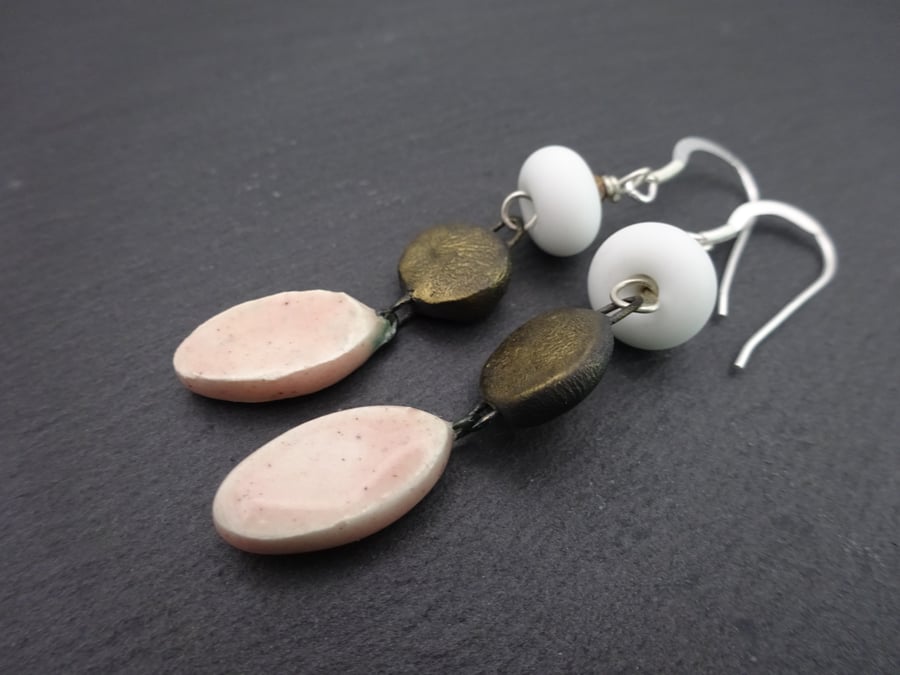 white lampwork glass earrings, pink ceramic drop jewellery