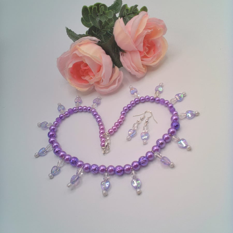 Purple and Lilac Pearl Crystal and Iridescent Hearts Necklace and Earrings