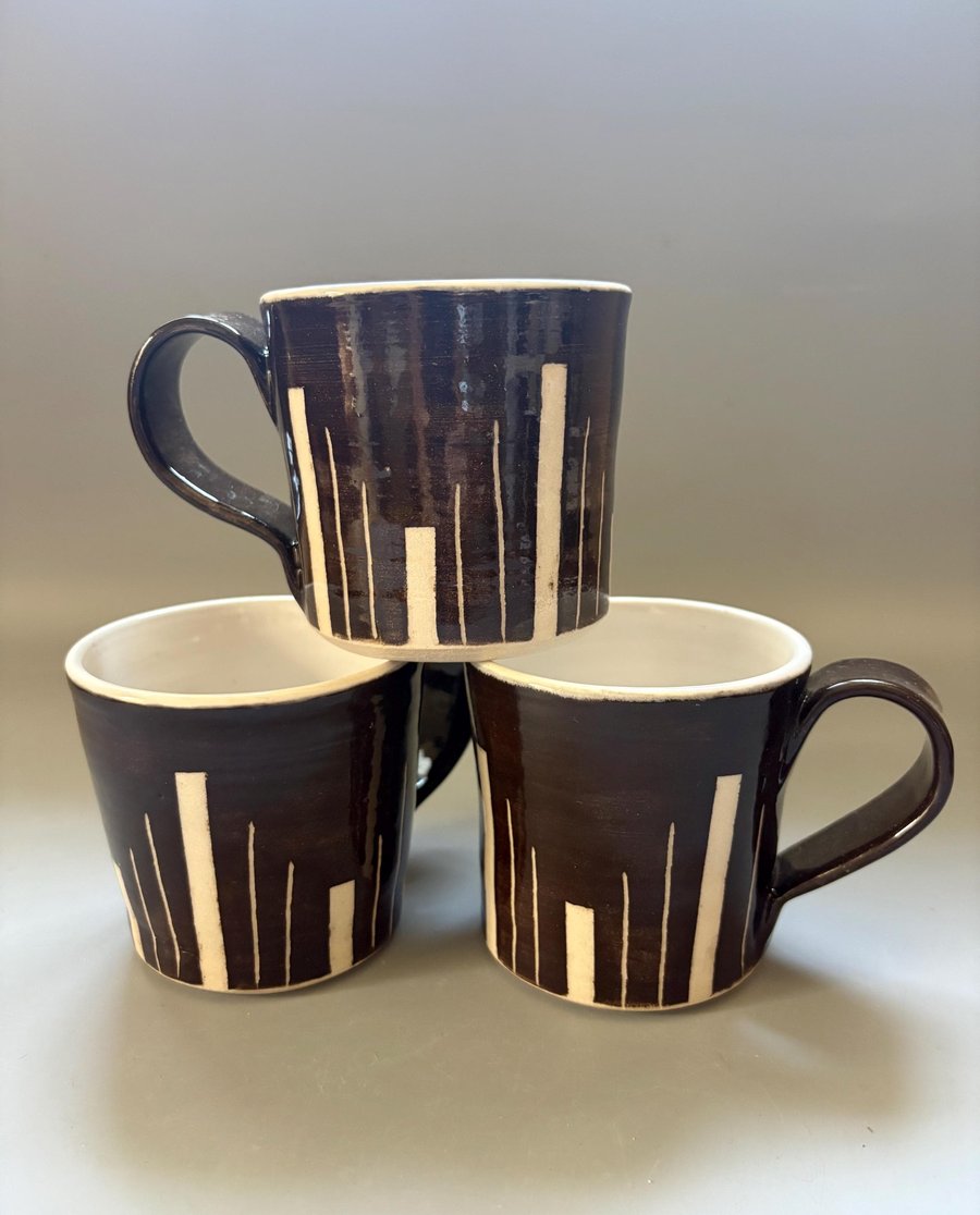 Handmade Ceramic Coffee Mug: Dark Chocolate Art Deco Design, Cappuccino, Hot Cho