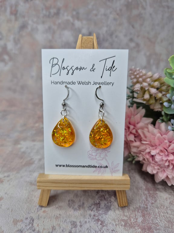 Handmade Orange Teardrop Dichroic Resin Earrings