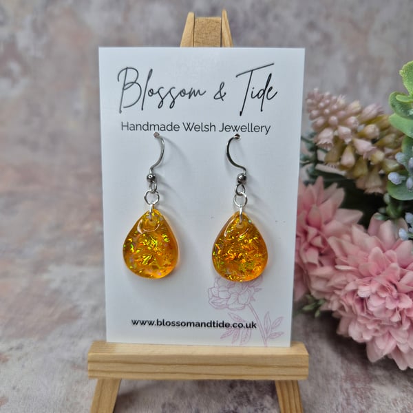Handmade Orange Teardrop Dichroic Resin Earrings