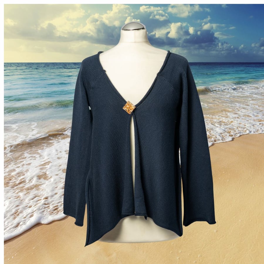 Blue Cotton Bolero cardigan with handmade Seashore brooch