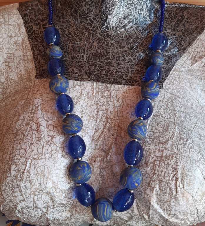 Statement Blue and Gold  Polymer Clay & Glass Handmade Necklace 