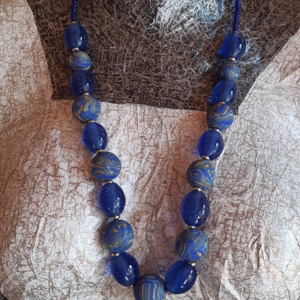 Statement Blue and Gold  Polymer Clay & Glass Handmade Necklace 