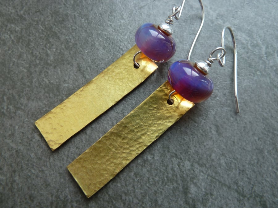 silver silver earrings, lampwork glass and brass charms