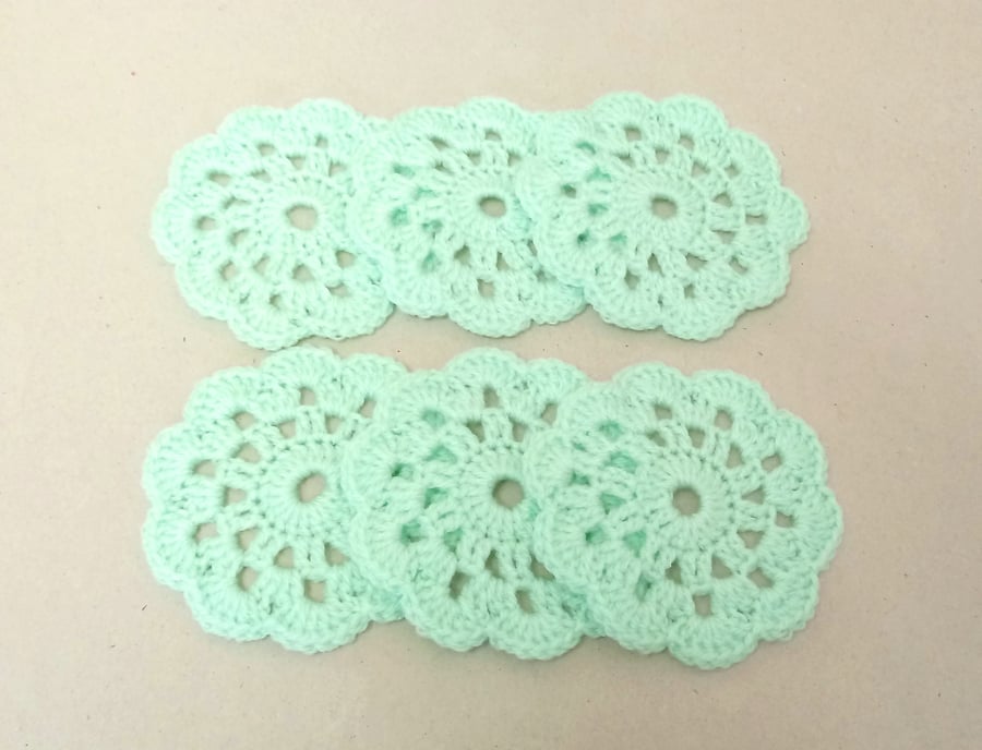 Coasters in mint green, set of six flower coasters