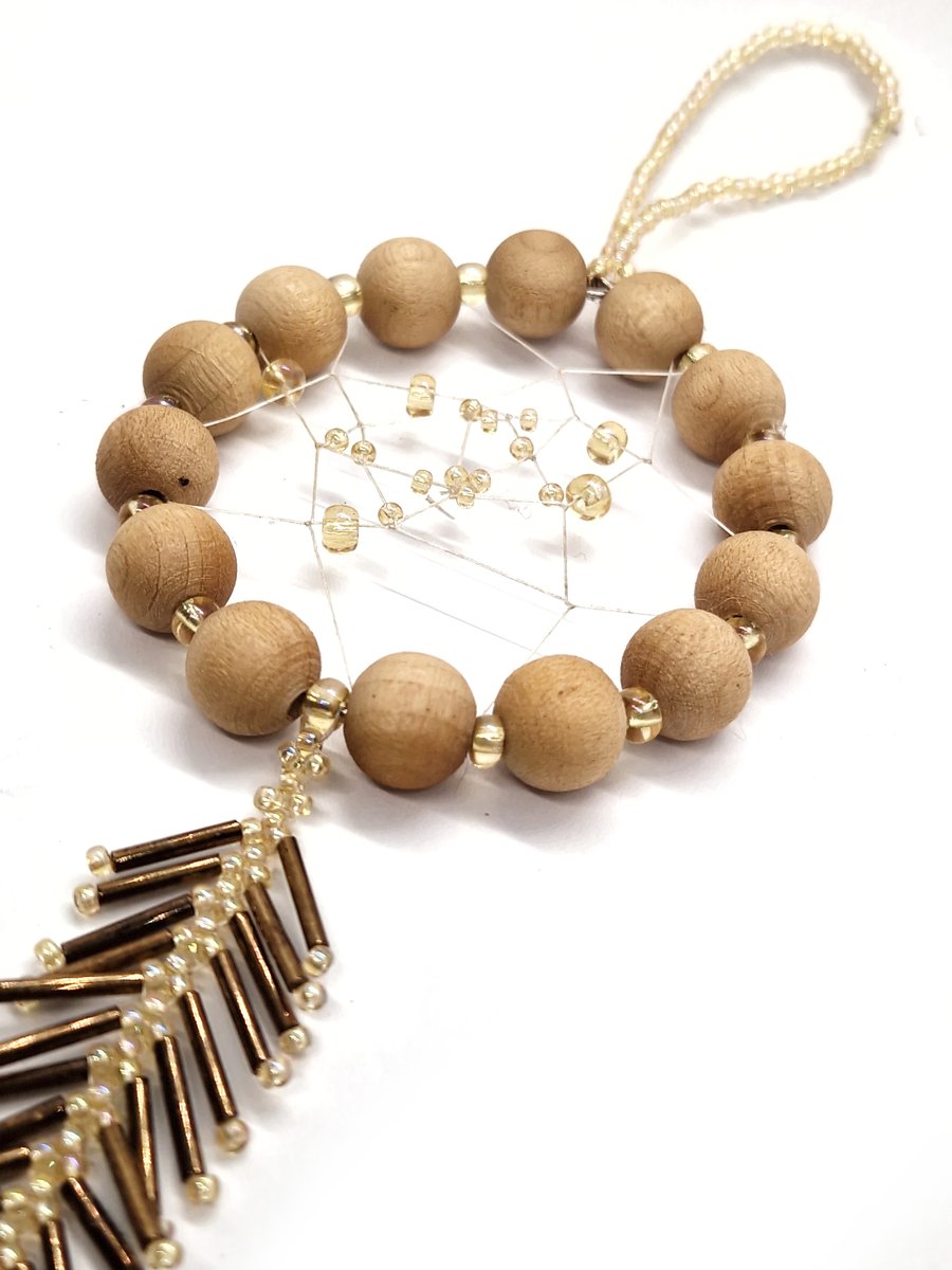 Wooden and gold bead small beaded dreamcatcher