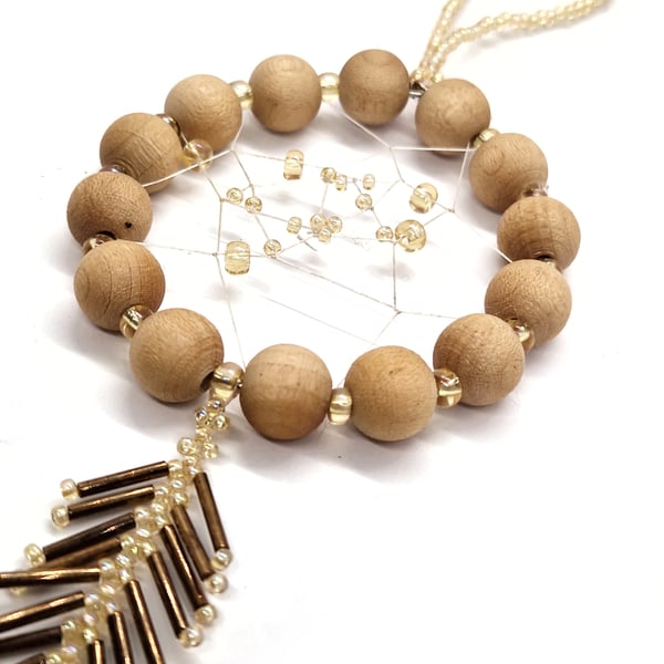 Wooden and gold bead small beaded dreamcatcher