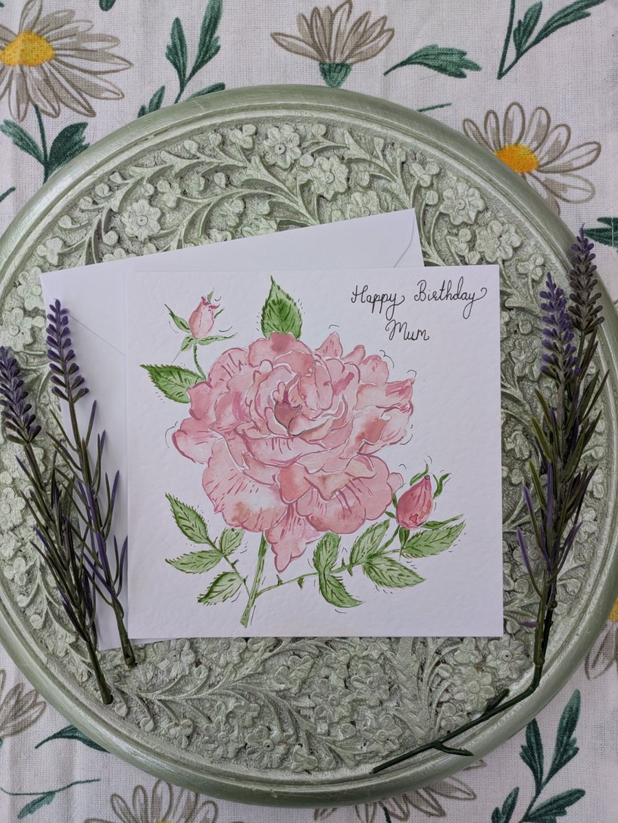 Rose Pink "Mum" hand-painted Birthday card 