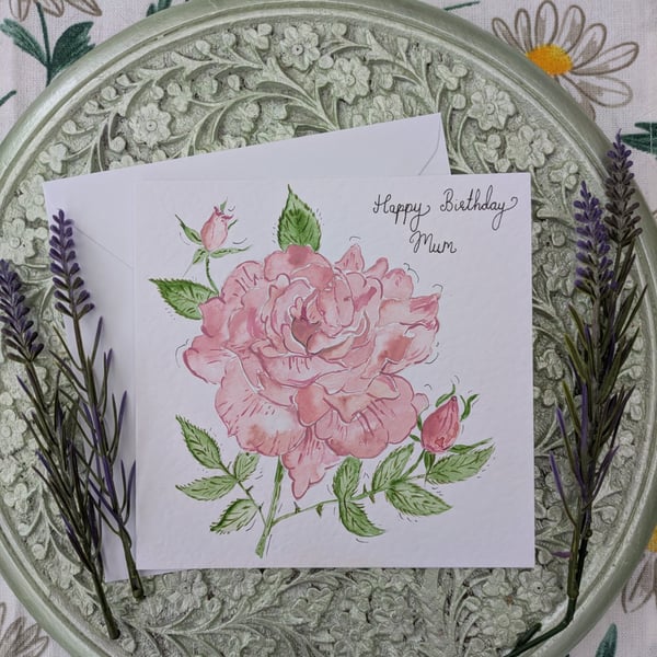 Rose Pink "Mum" hand-painted Birthday card 