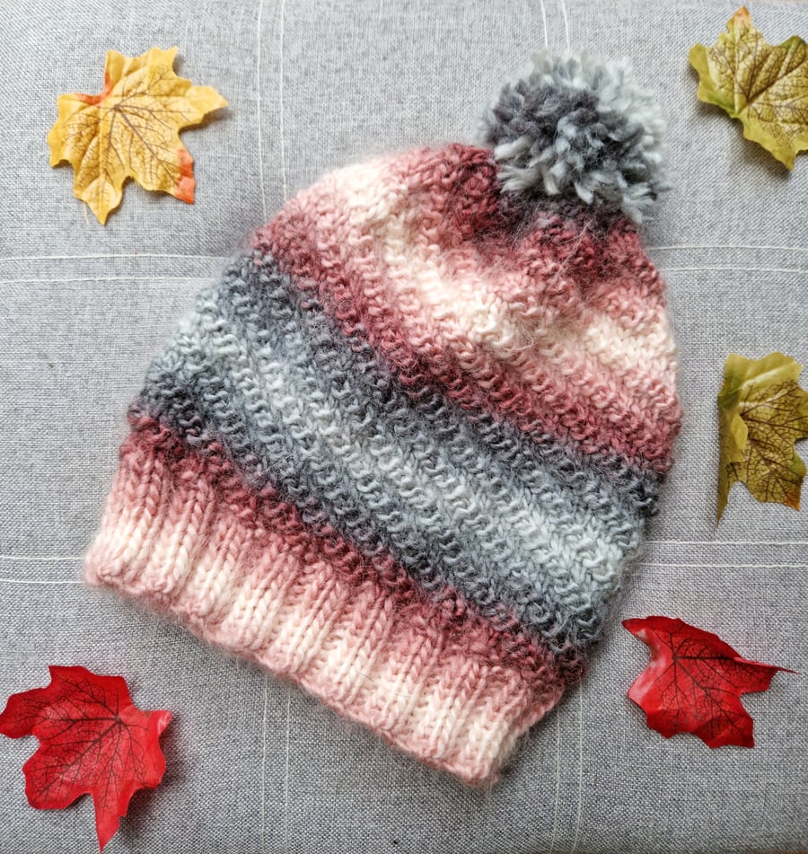 Pink and Grey Chunky Knit Pom Pom Hat 