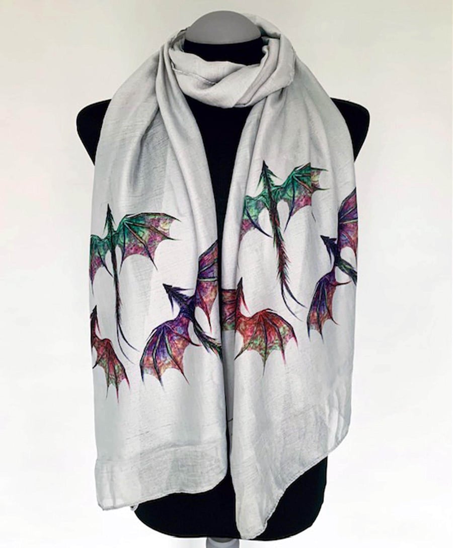 Dragon Scarf - Mythical Fantasy Dragons Fashion. Grey. Lightweight