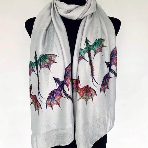 Dragon Scarf - Mythical Fantasy Dragons Fashion. Grey. Lightweight
