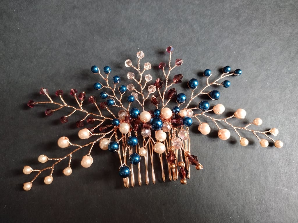 Bridal hair accessory, Navy blue, plum and pink crystal hair comb