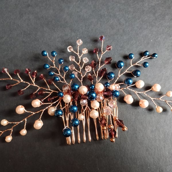 Bridal hair accessory, Navy blue, plum and pink crystal hair comb