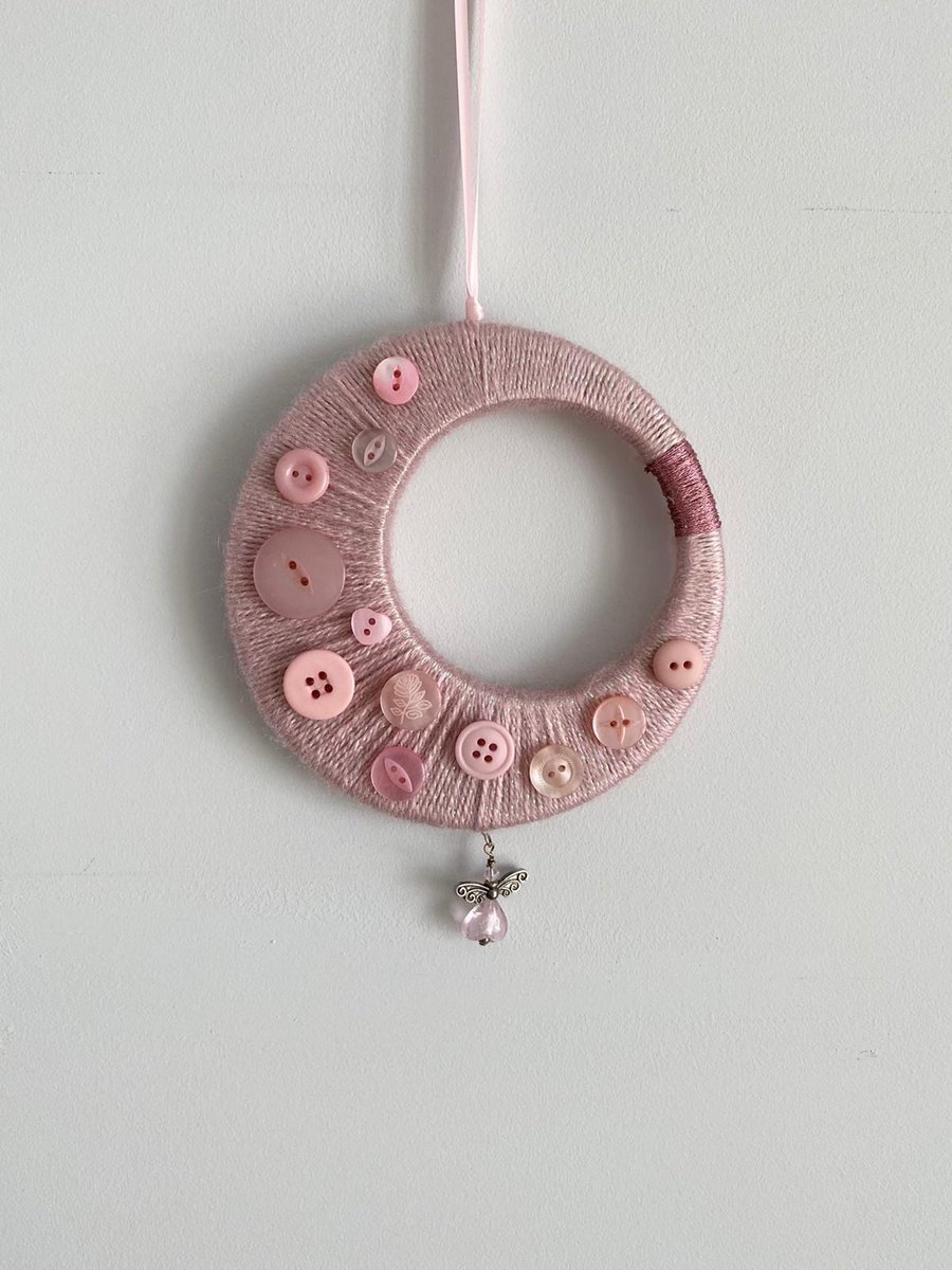 Pink Button Moon Wreath Hanging Decoration
