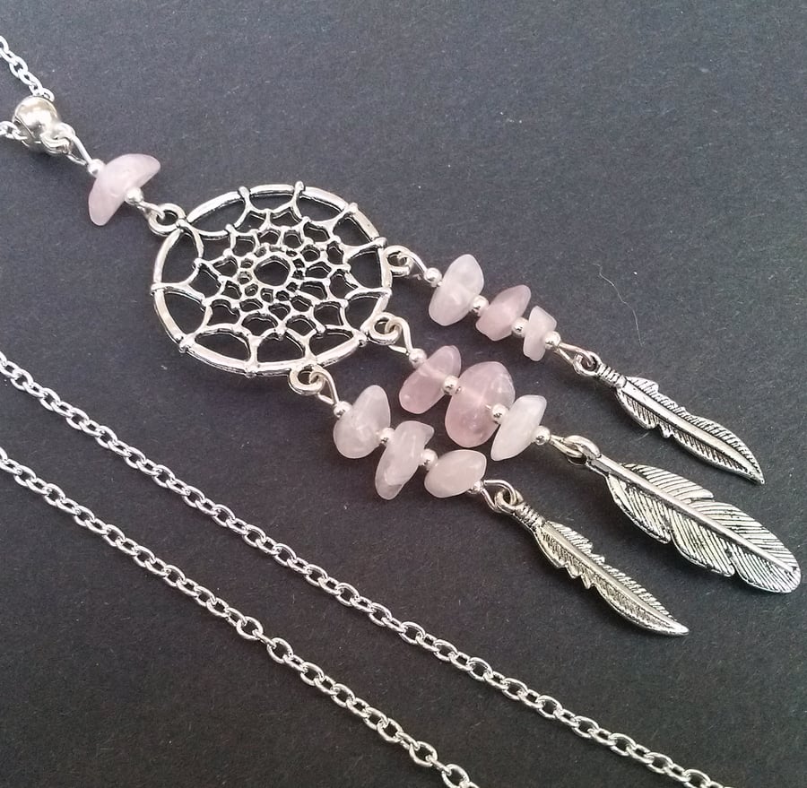 Pink Rose Quartz Agate Dreamcatcher New Age Necklace Silver Plate 