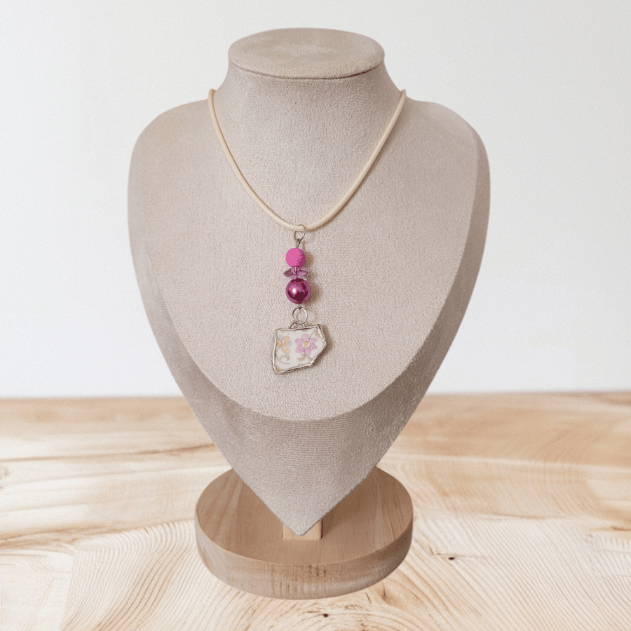 Pink Floral Ceramic Pendant Necklace - made in Sussex