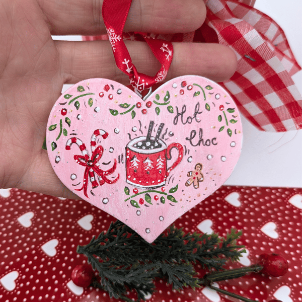 Hot Chocolate hand-painted Christmas heart decoration 