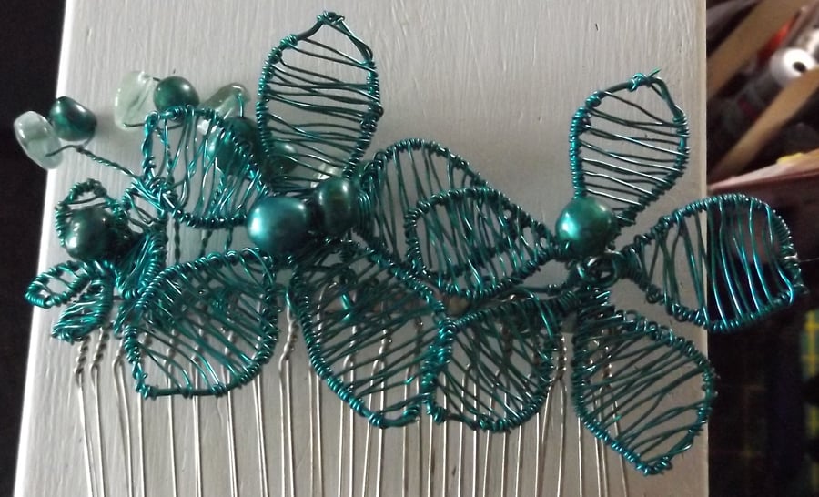 Teal blue hair comb with teal pearls and and faceted fluorite