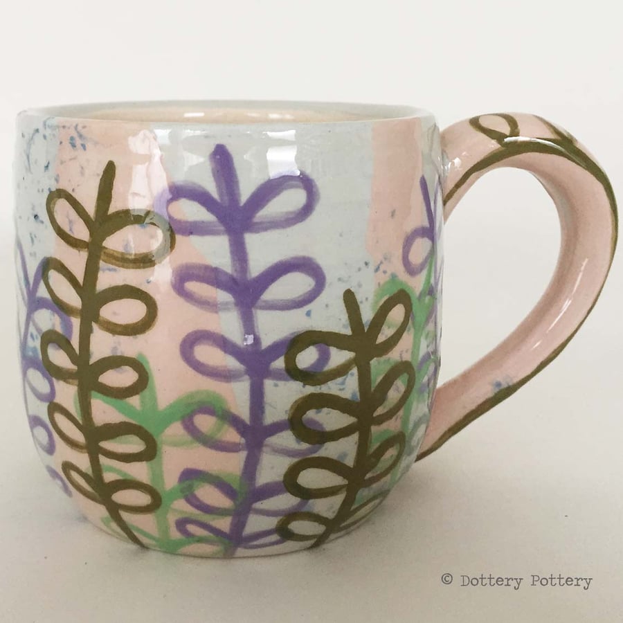 Handthrown pottery mug handpainted leaf design ceramic mug