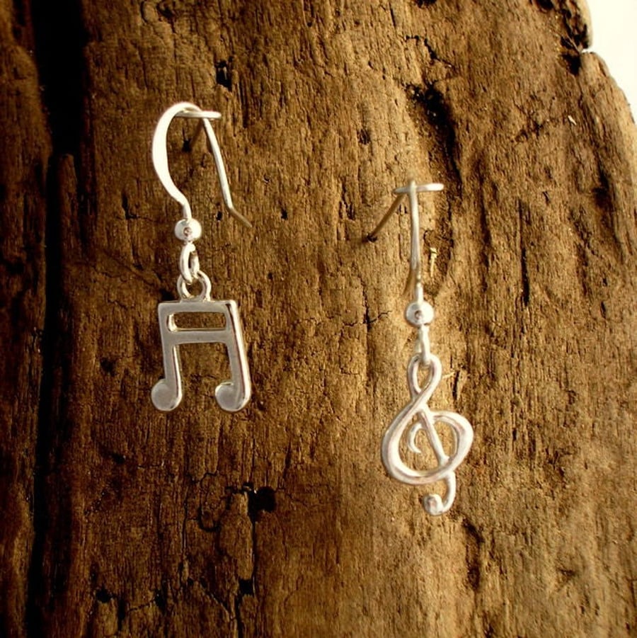 Silver Treble Clef and Semiquaver Earrings, Music Jewellery, Music note Earrings