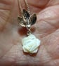  Sterling Silver & Mother of Pearl Rose & Leaves Necklace 18 inch box chain