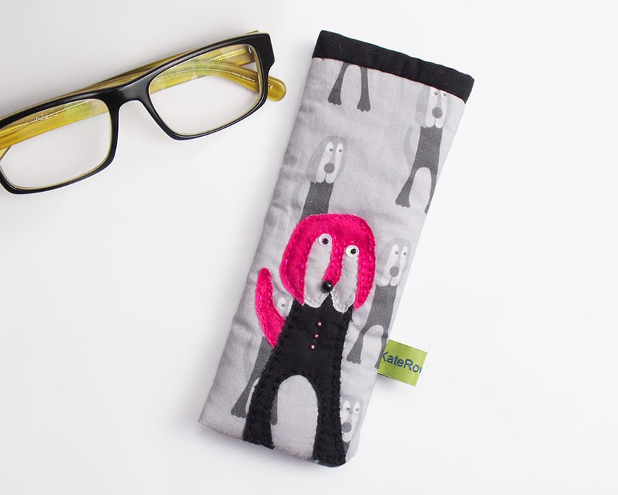 Monochrome dog print glasses case with hand appliqué dog with pink ears and tail
