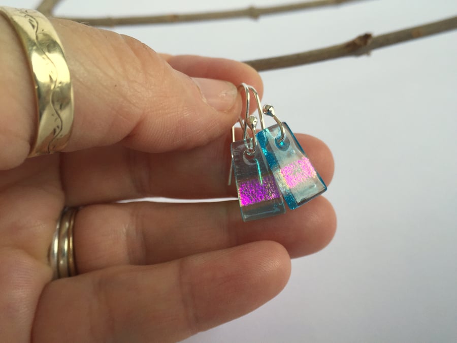 turquoise and pink dichroic and glass earrings 